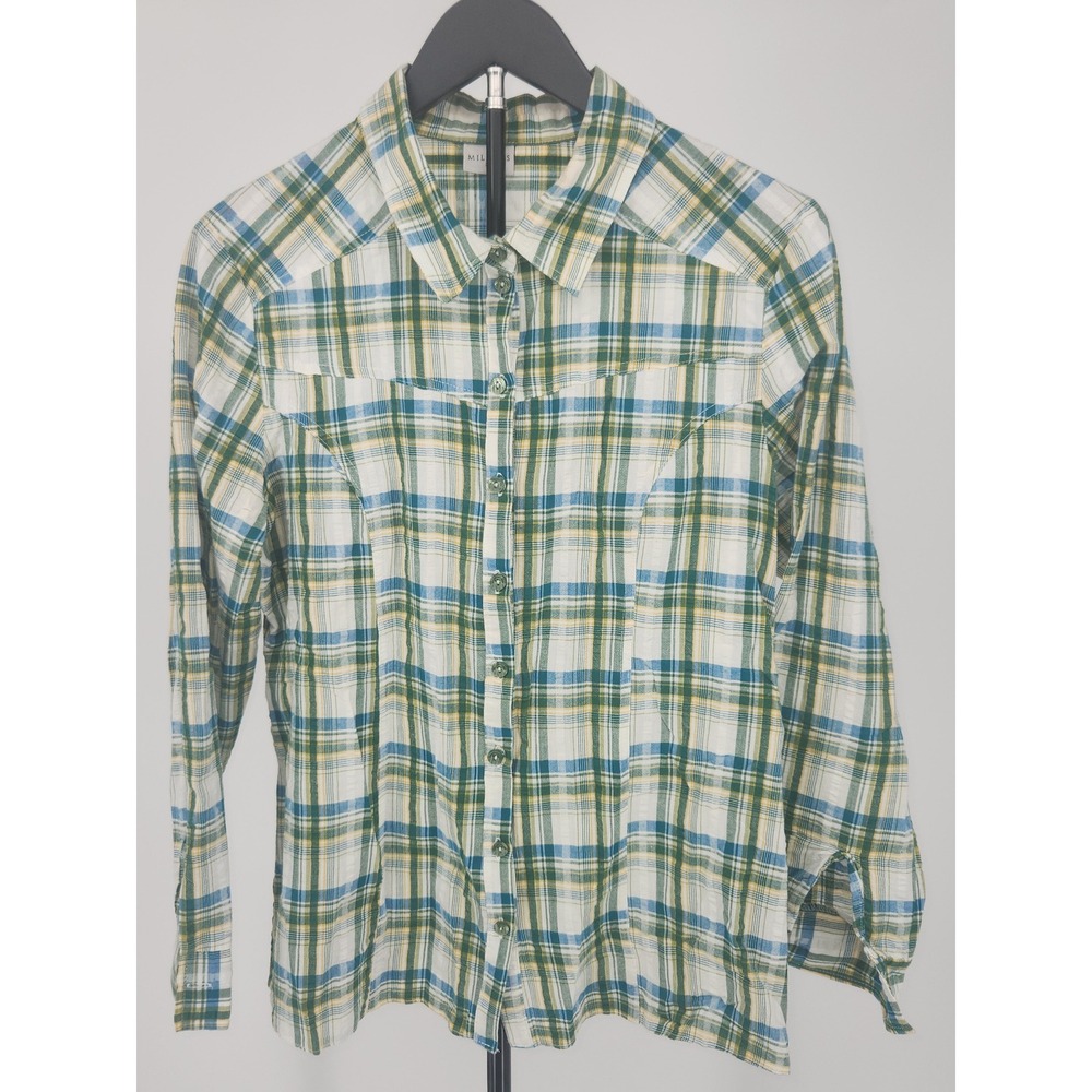 Miladys Green Blue Plaid Cotton Button Down Shirt Womens Size 38 Western Yoke